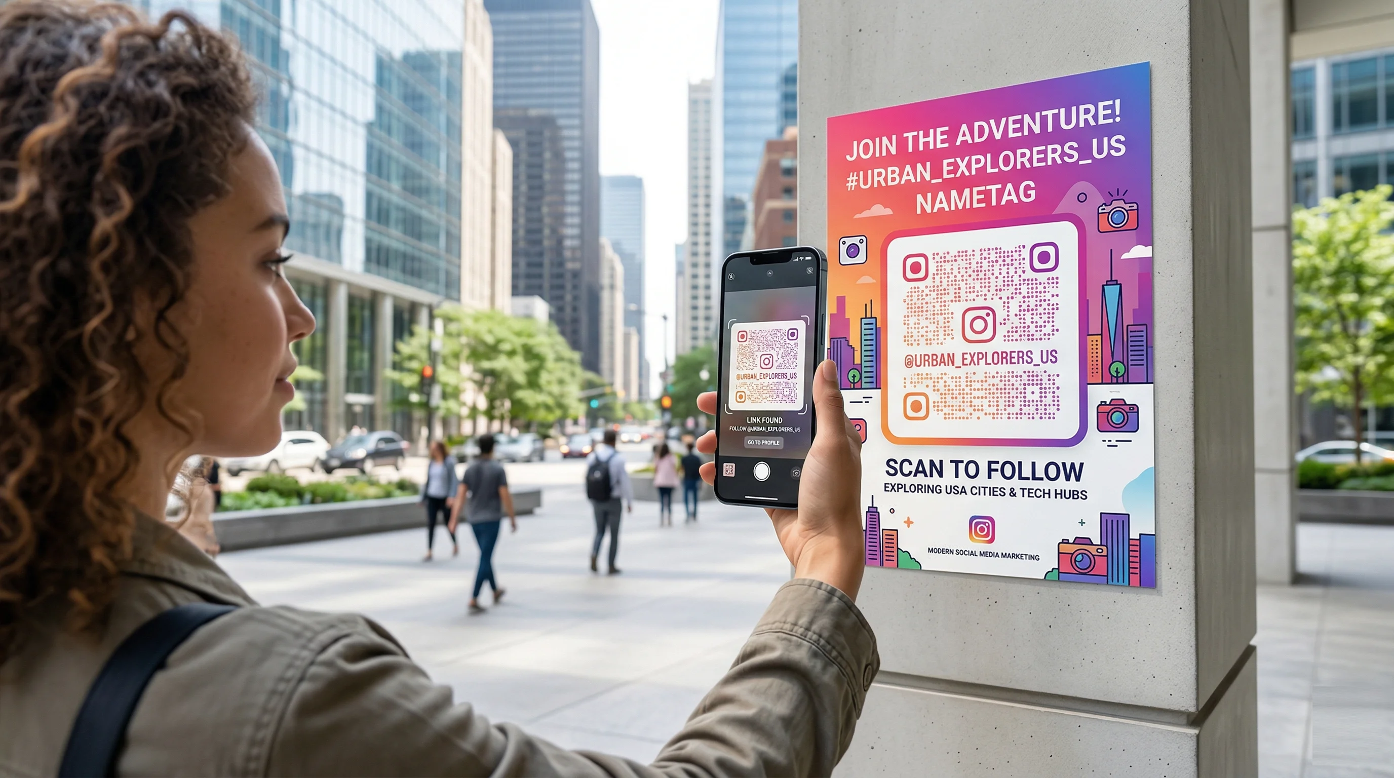 Smartphone scanning Instagram QR code to open profile instantly and follow account