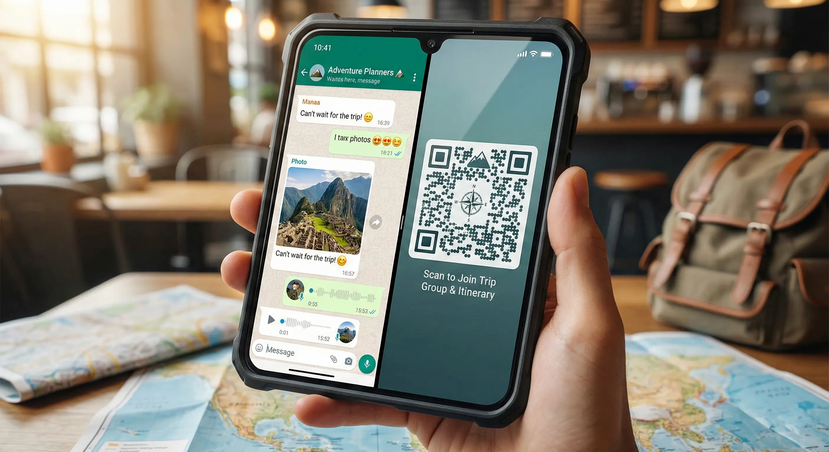 Smartphone displaying a WhatsApp chat with a QR code for instant messaging