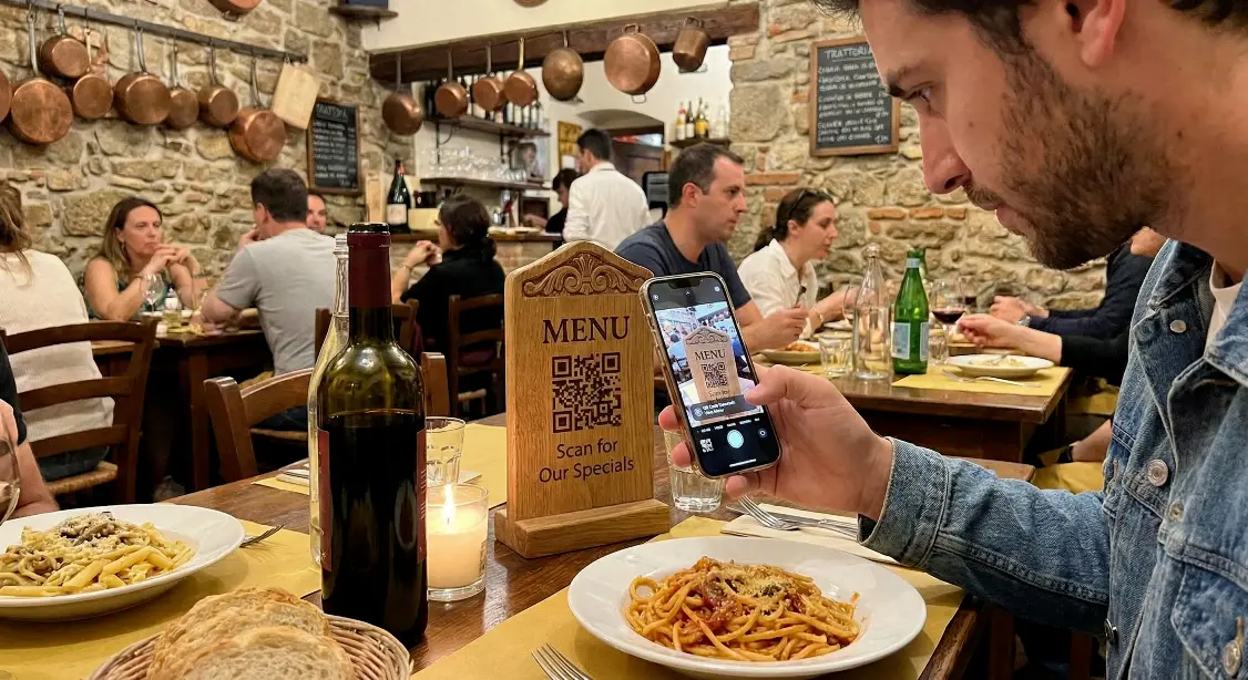 Customer scanning a QR code menu at a restaurant table using a smartphone