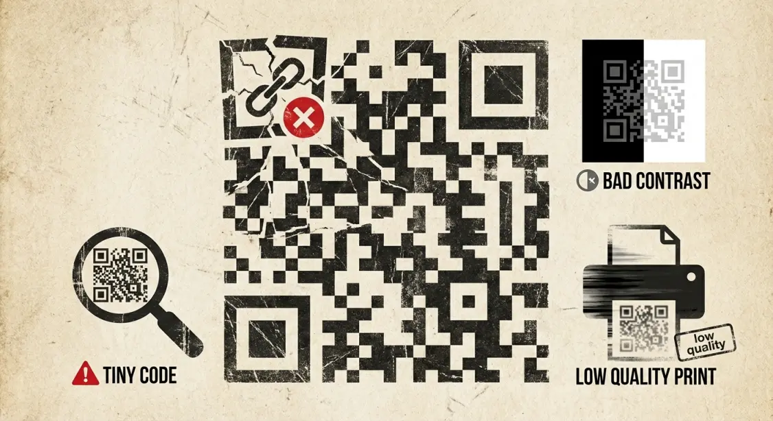 Common QR code mistakes businesses make such as poor contrast, tiny size, and broken links