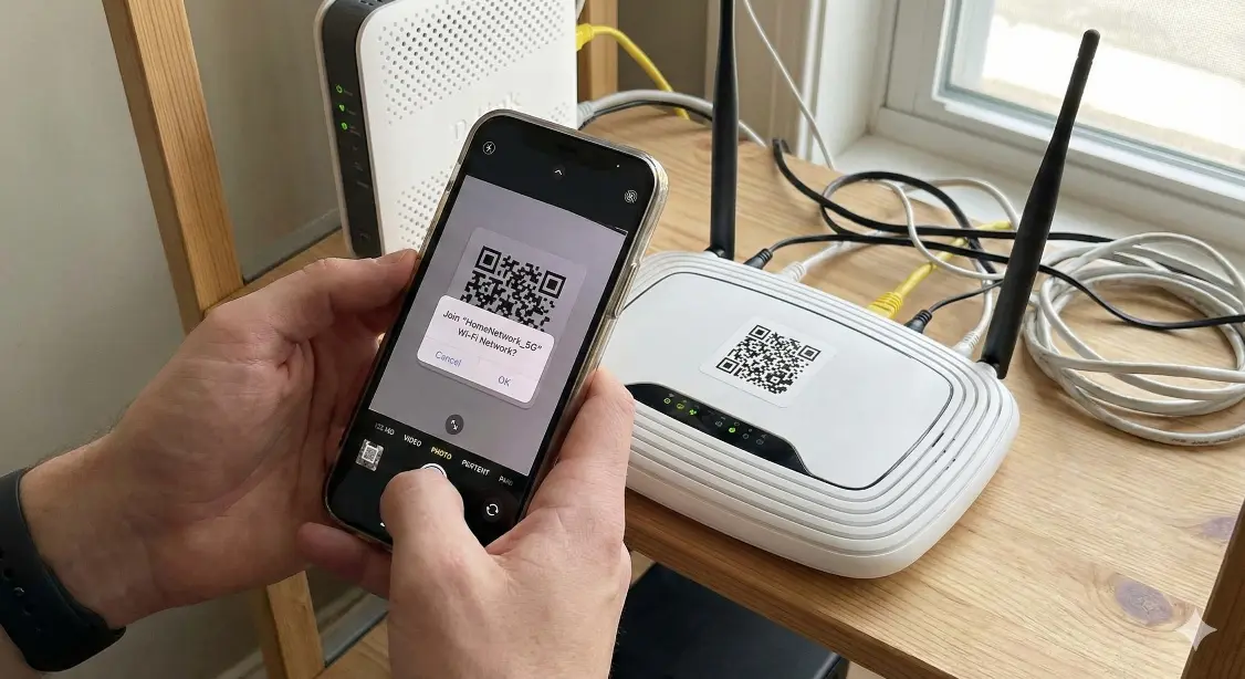 Phone scanning a Wi-Fi QR code to connect to a wireless network
