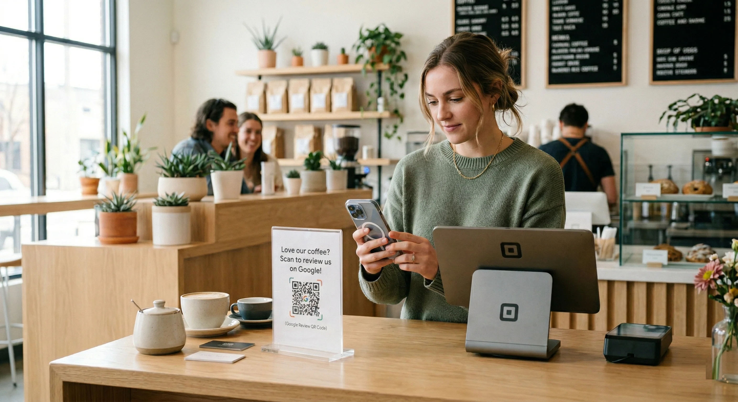 Customer scanning QR code to leave a Google review in a small business environment in the USA