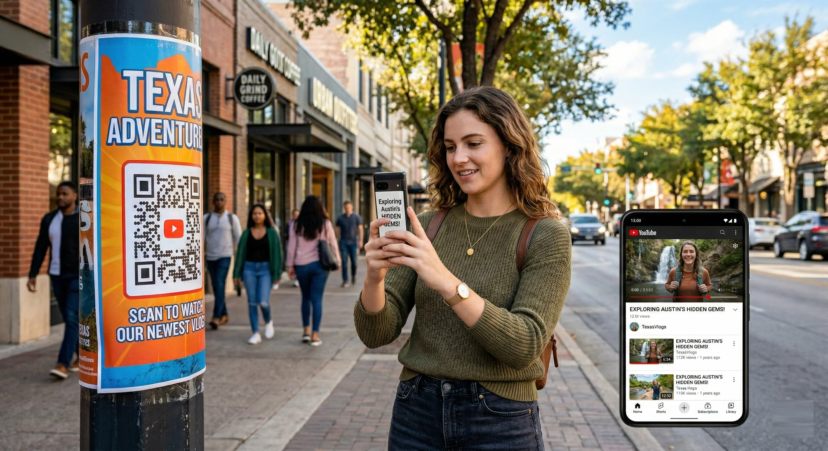 Smartphone scanning QR code to open a YouTube video instantly in a modern setting