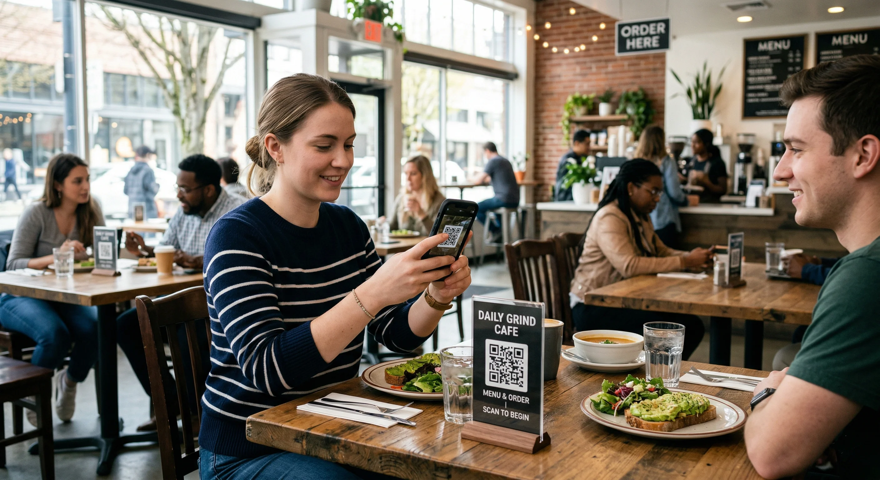 Customer scanning QR code on restaurant table to view digital menu in a modern cafe