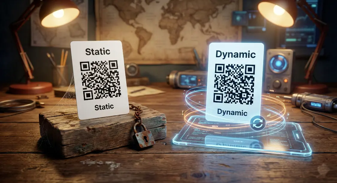 Comparison between a static QR code and a dynamic QR code showing key differences