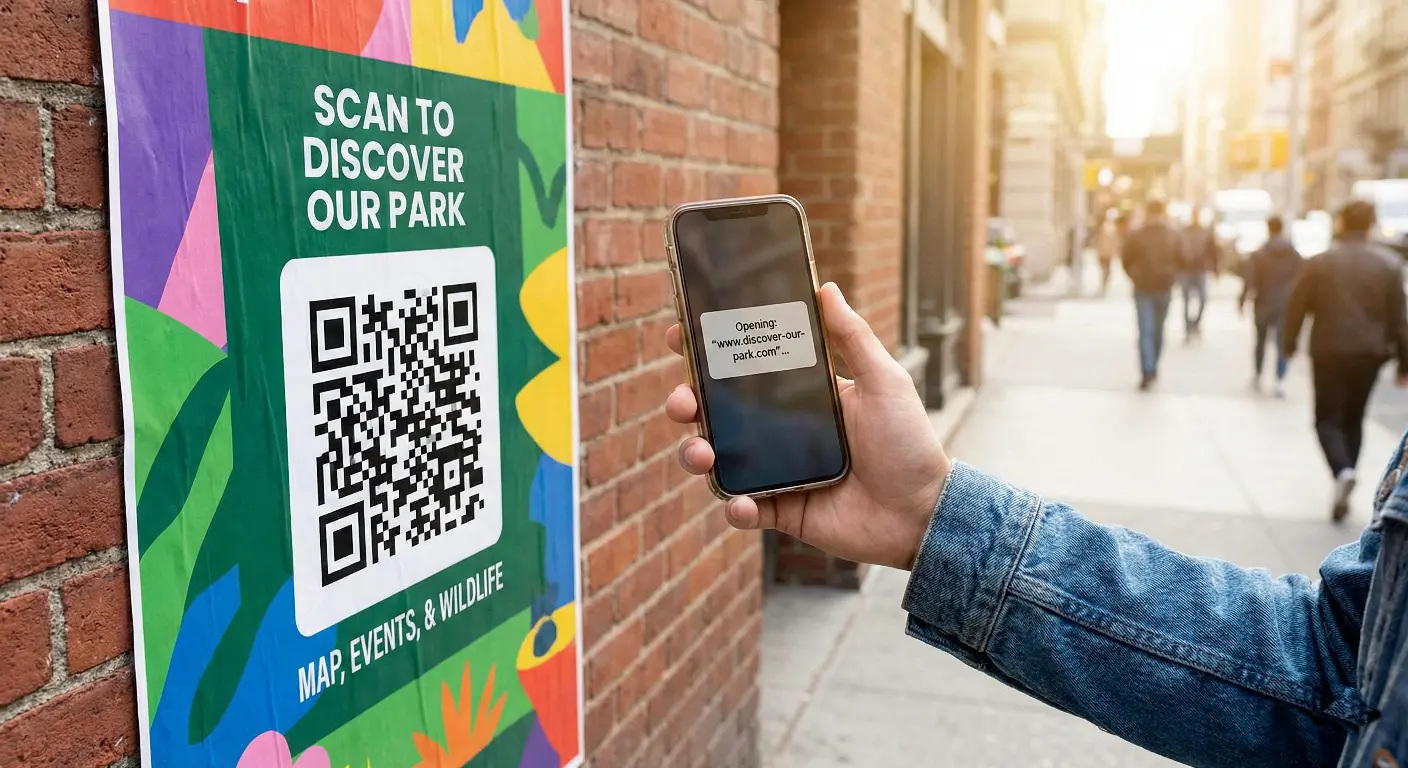Phone scanning a QR code that opens a website link on the screen