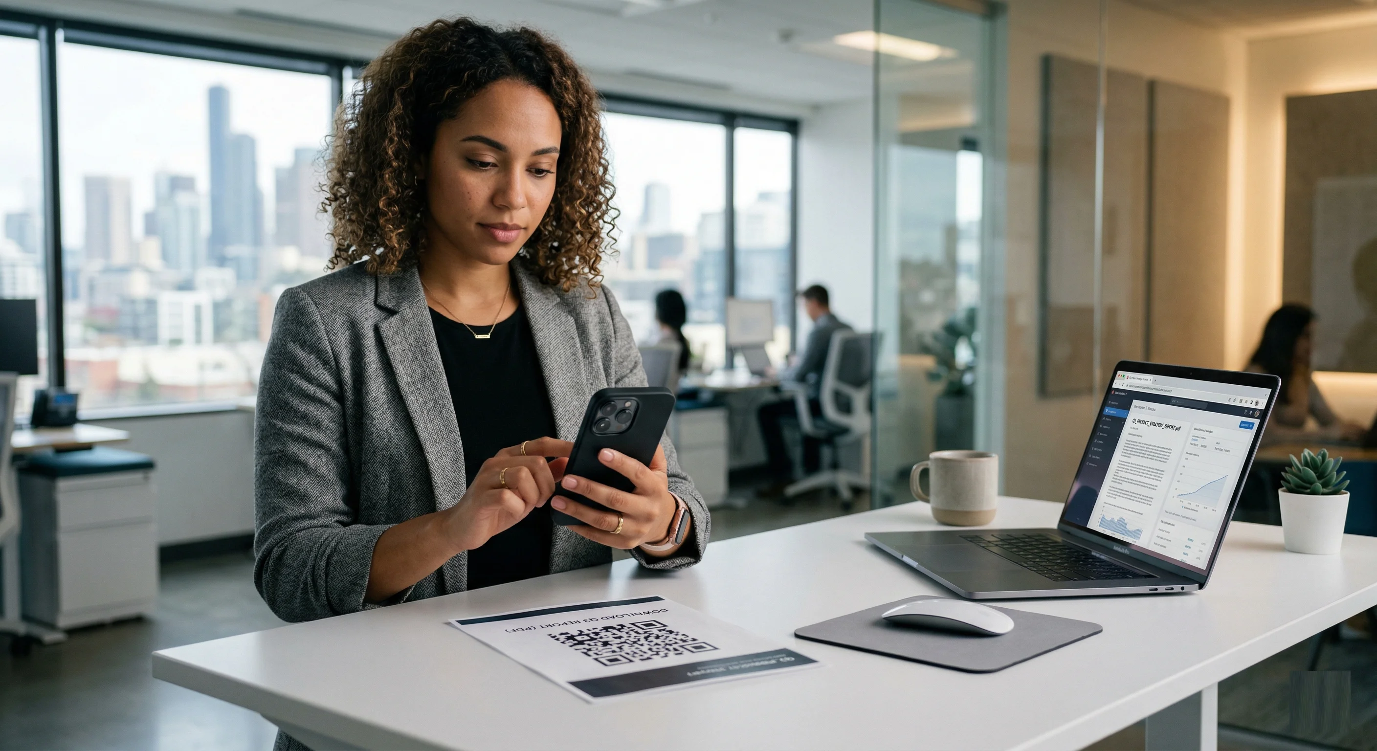 Smartphone scanning QR code to open a PDF document instantly in a modern office environment