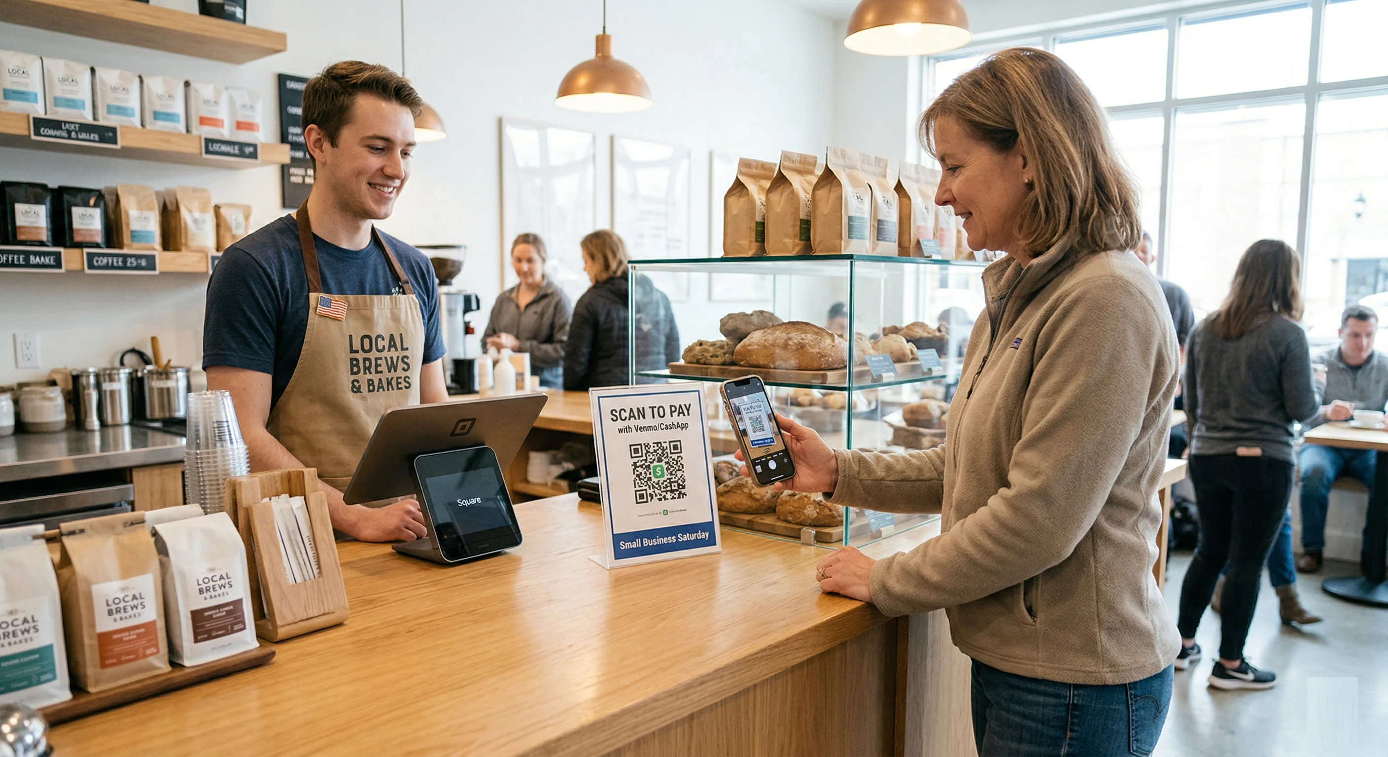 Customer scanning QR code to make payment using smartphone in a retail store in the USA