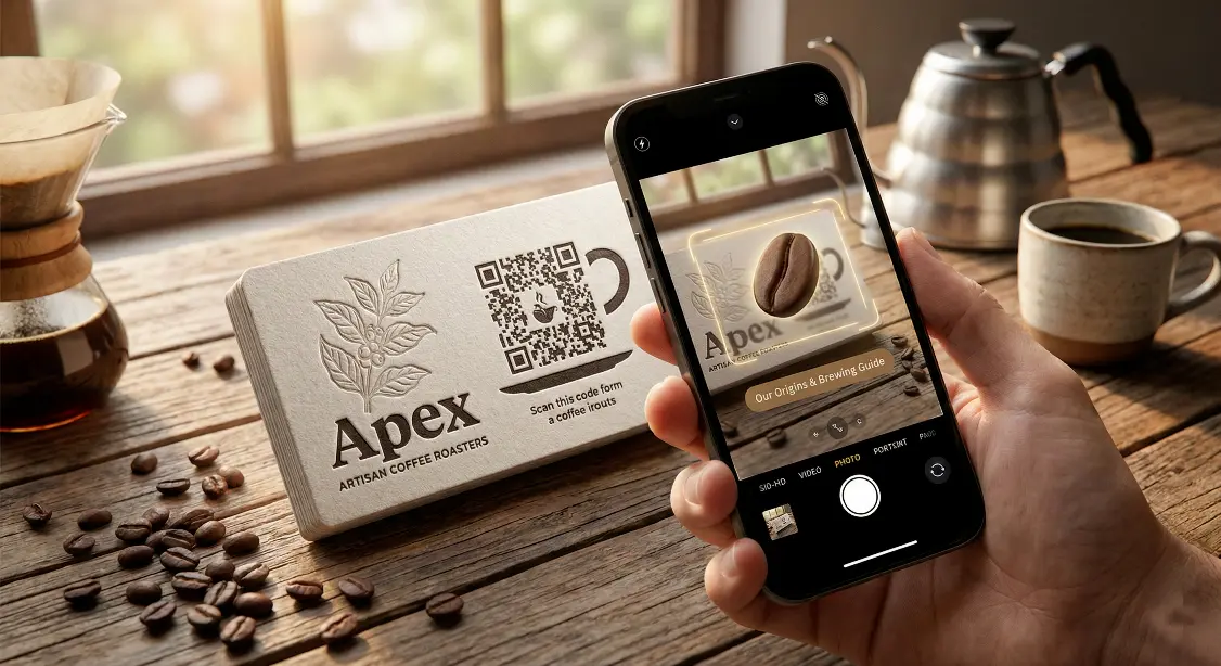 Business card with a vCard QR code being scanned by a smartphone