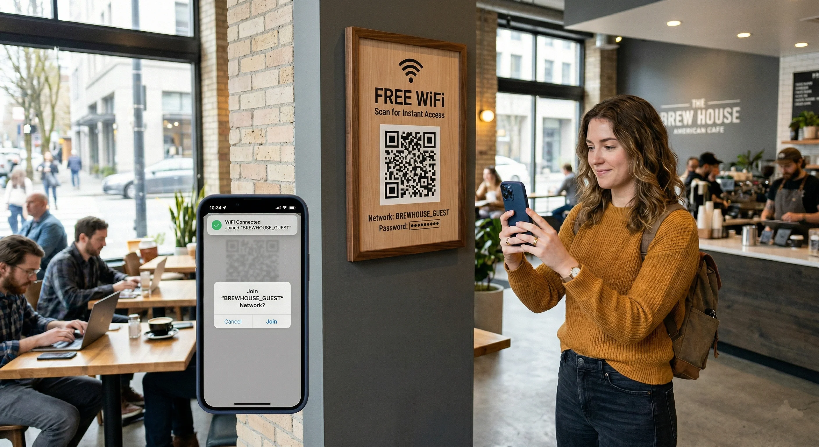 Smartphone scanning a WiFi QR code to connect instantly without entering password