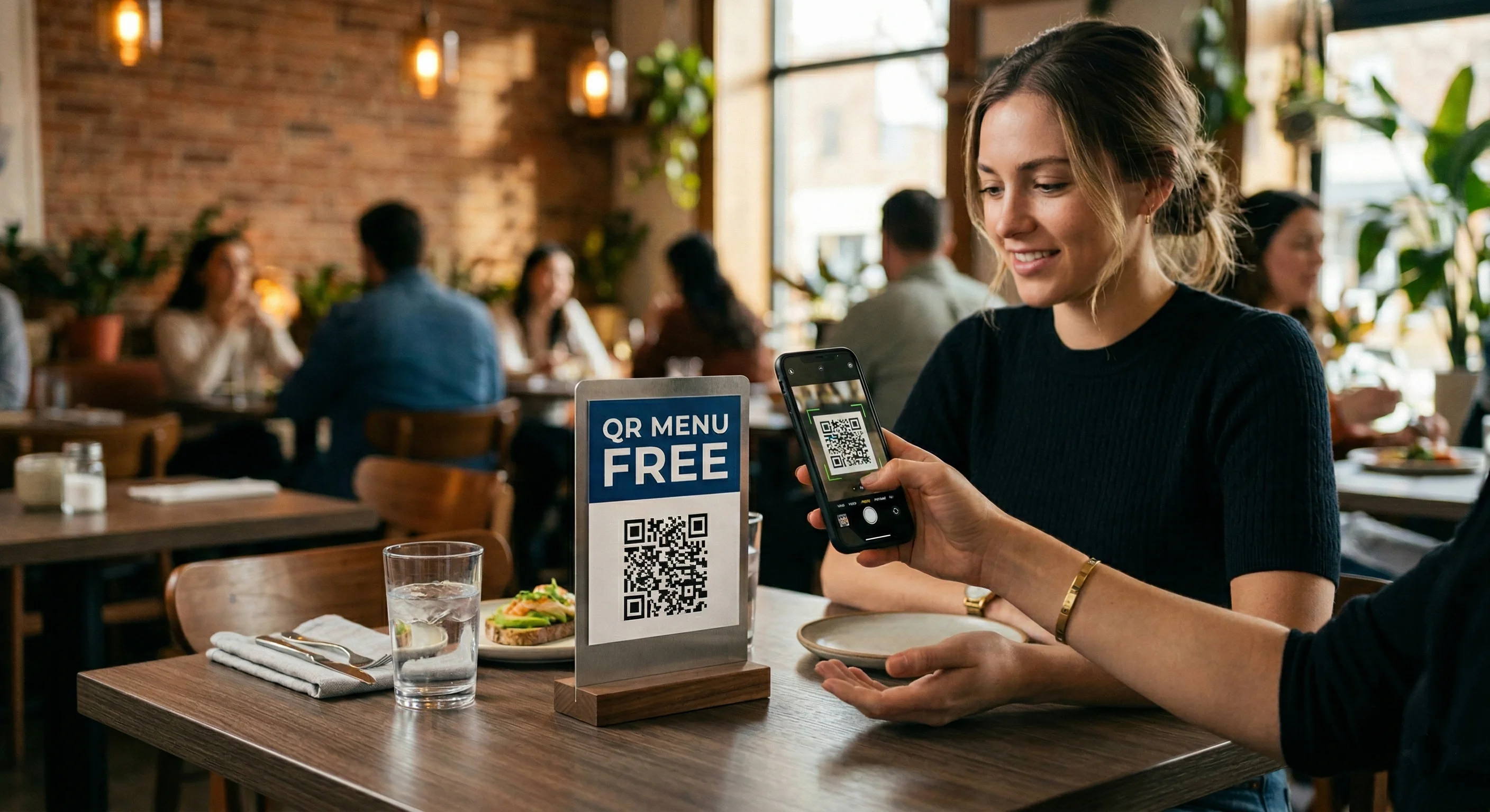 Restaurant menu QR code being scanned with smartphone in a modern USA cafe