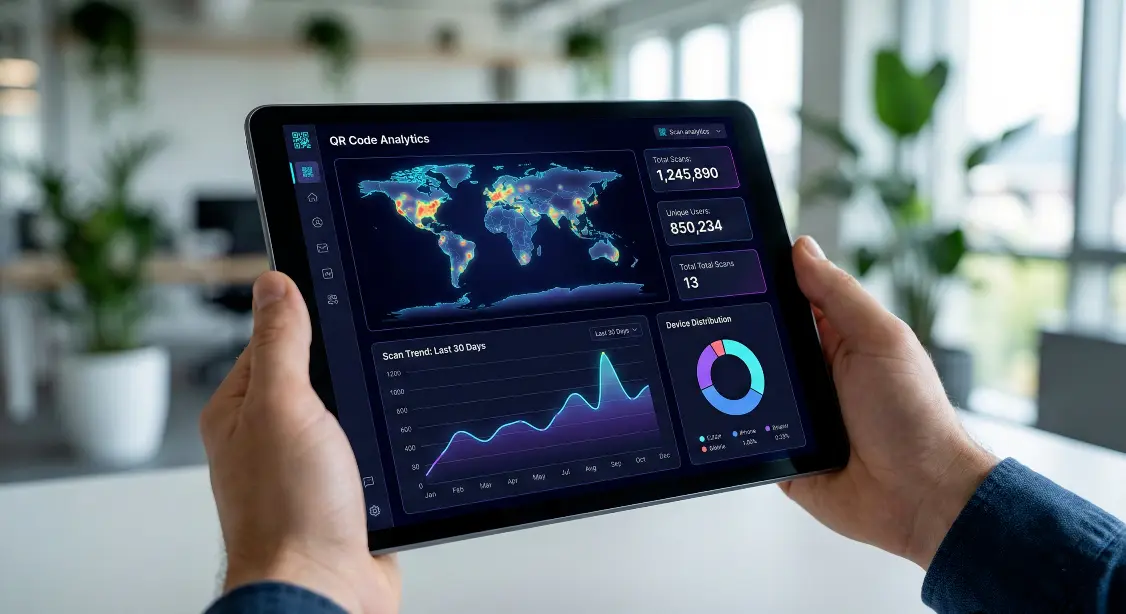 QR code analytics dashboard showing scan statistics, devices, and locations