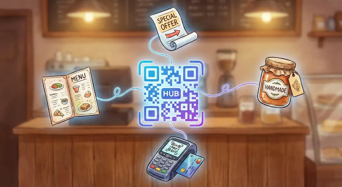 Examples of QR code uses for small businesses such as menus, payments, promotions, and product labels