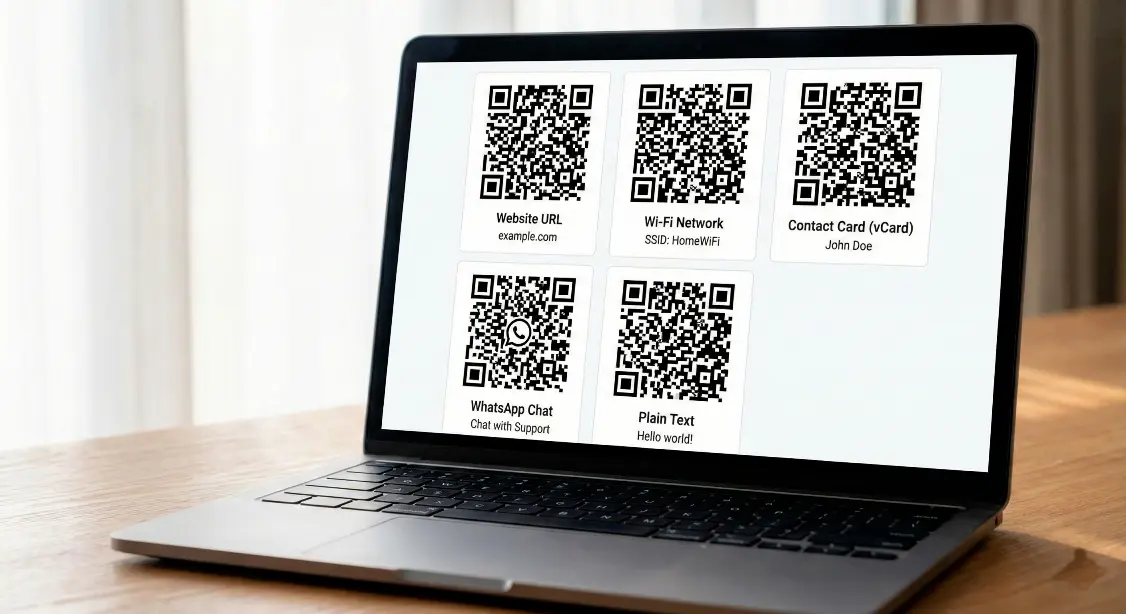 Illustration showing different types of QR codes created for website, WiFi, contact and business use